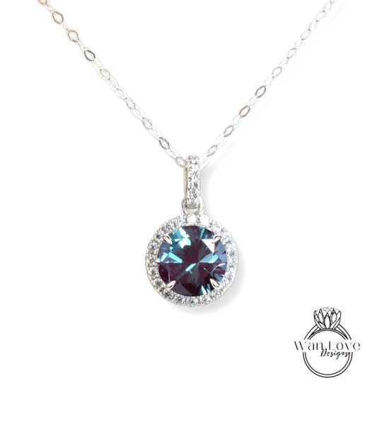 14K White Gold /Round Halo Necklace /Round Alexandrite and Diamond Necklace /Layering Diamond Necklace /Dainty Diamond Necklace/Gift for her