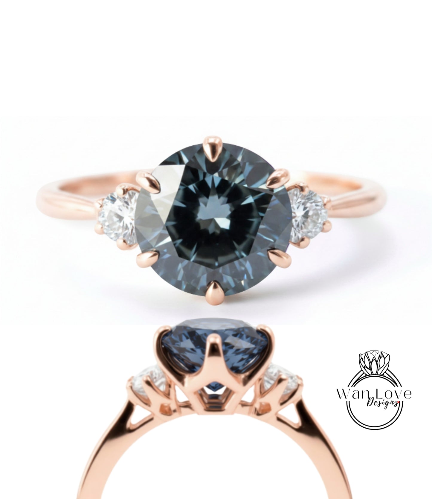 a rose gold ring with a large blue gemstone set in the center, surrounded by smaller diamonds.