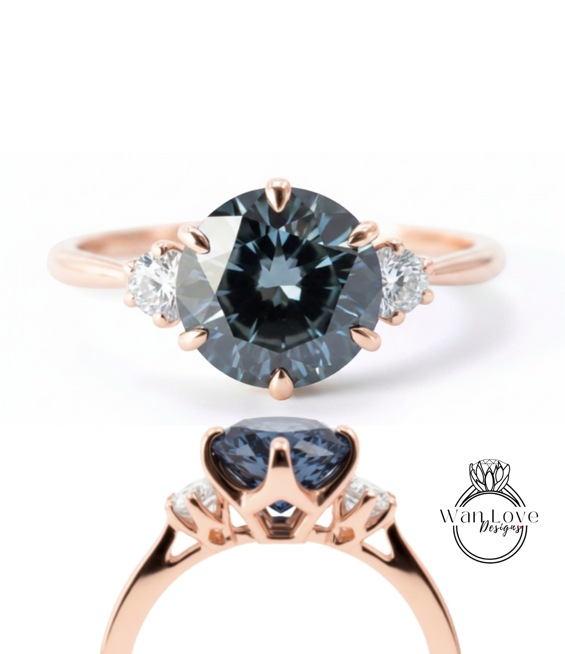 a rose gold ring with a large blue gemstone set in the center, surrounded by smaller diamonds.