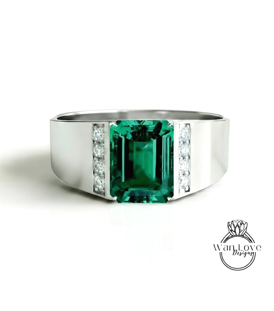 Fede nuziale da uomo in spinello nero | Fascia da uomo in oro bianco smeraldo da 2 ct | Fede nuziale con diamante nero taglio smeraldo | La sua fede nuziale con la pietra portafortuna