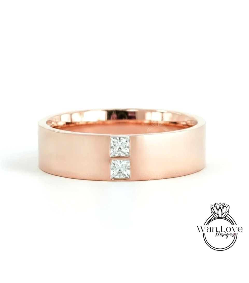 Mens Emerald Wedding Ring | Solid Rose Gold Mens Wedding Band | Princess Cut Diamond Band | Green Emerald Square Ring | His Birthstone Band