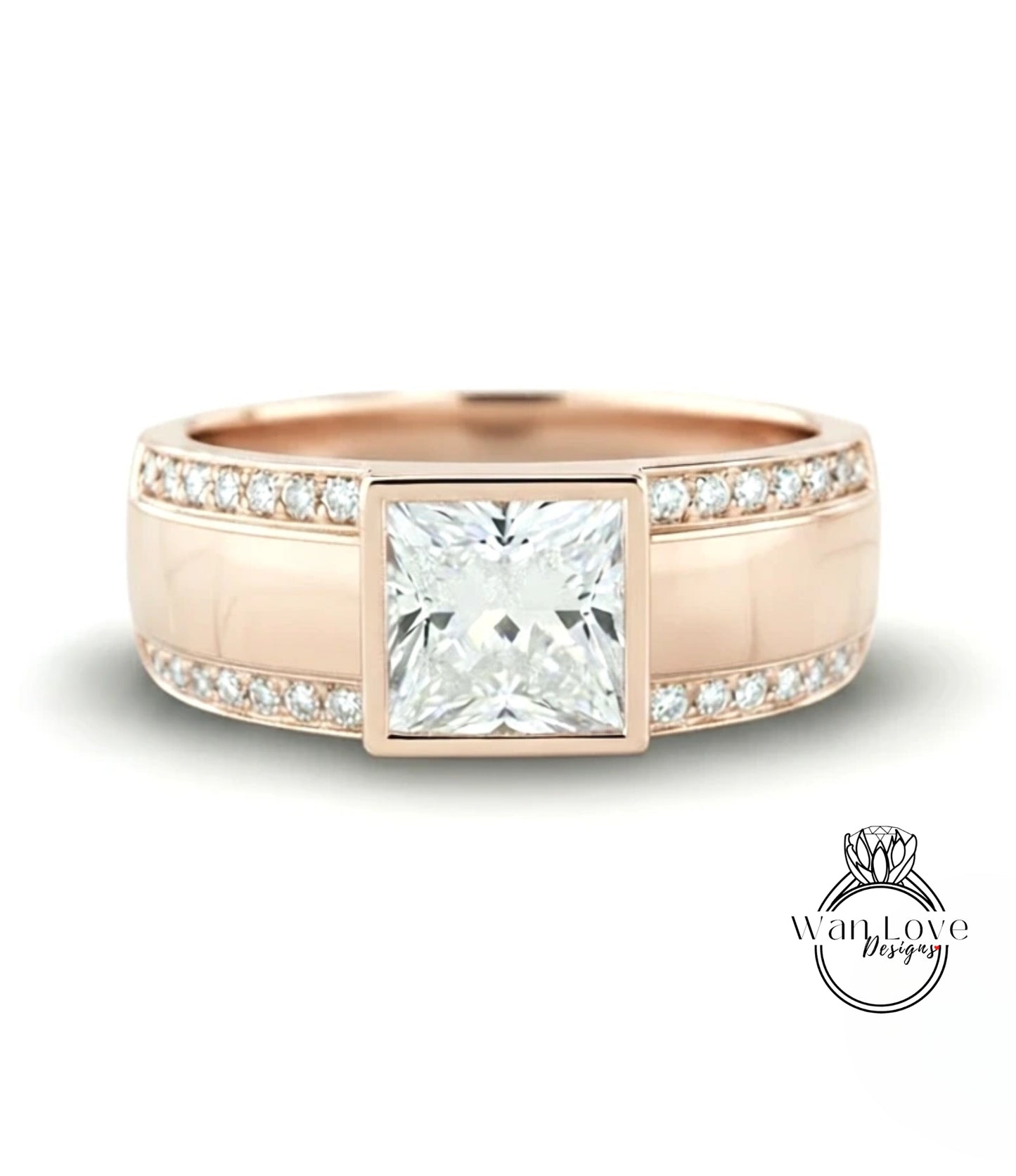 a beautiful engagement ring with a large, square-cut diamond set in a rose gold band.