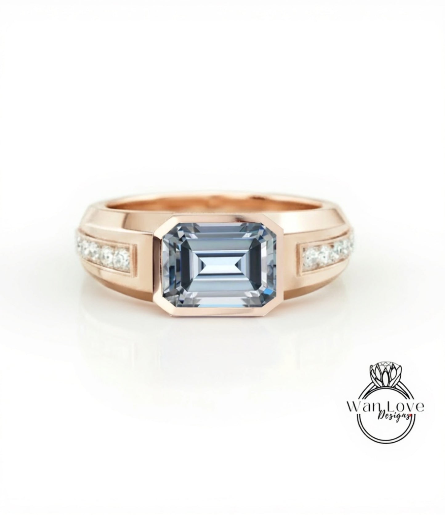 Mans Moissanite Ring | Emerald Moissanite Mens Wedding band | White Sapphire Ring 14k Gold | East West Solitaire Ring | Mens Wedding Ring