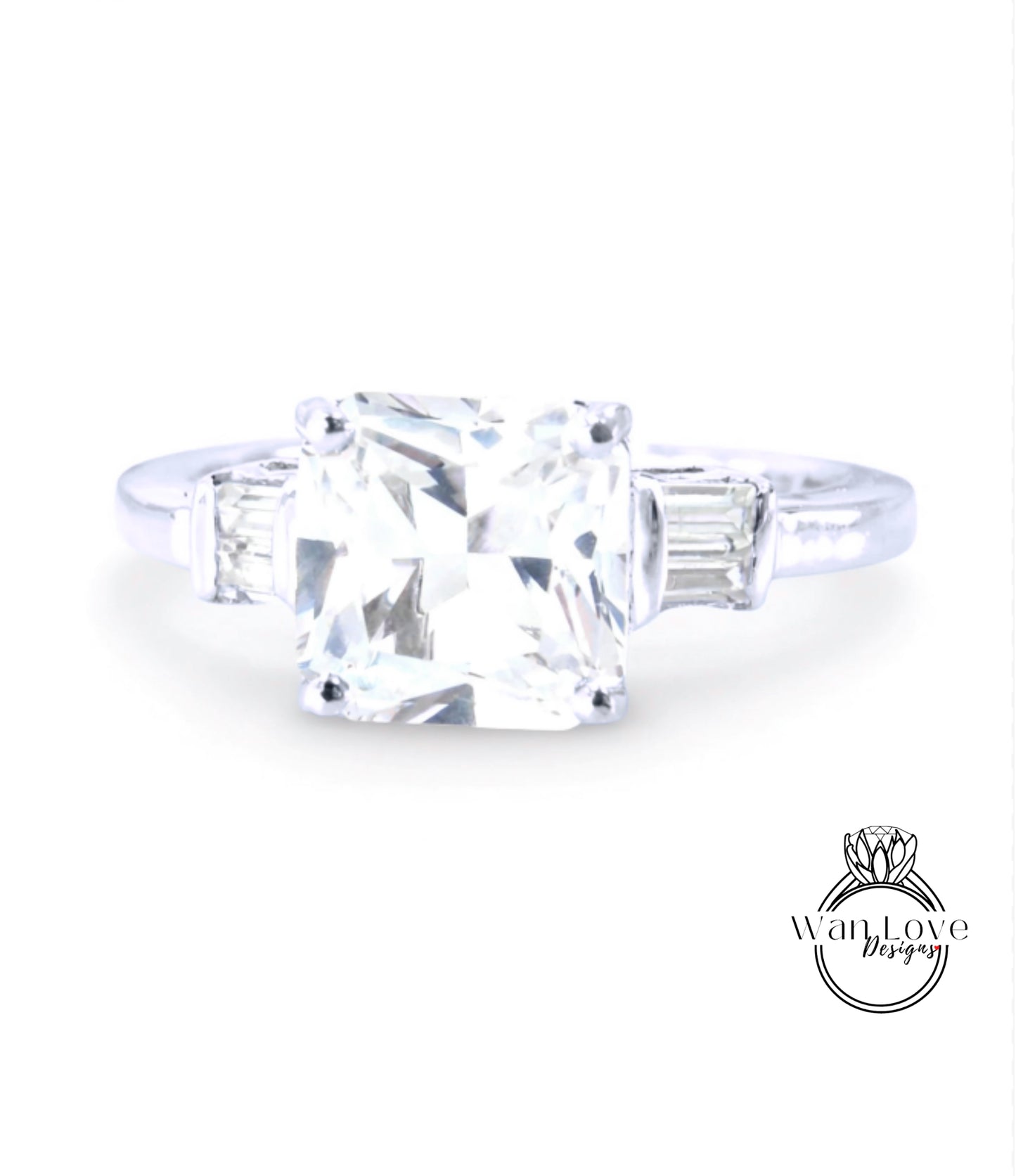 A diamond engagement ring with a large, clear gemstone set in a silver band.