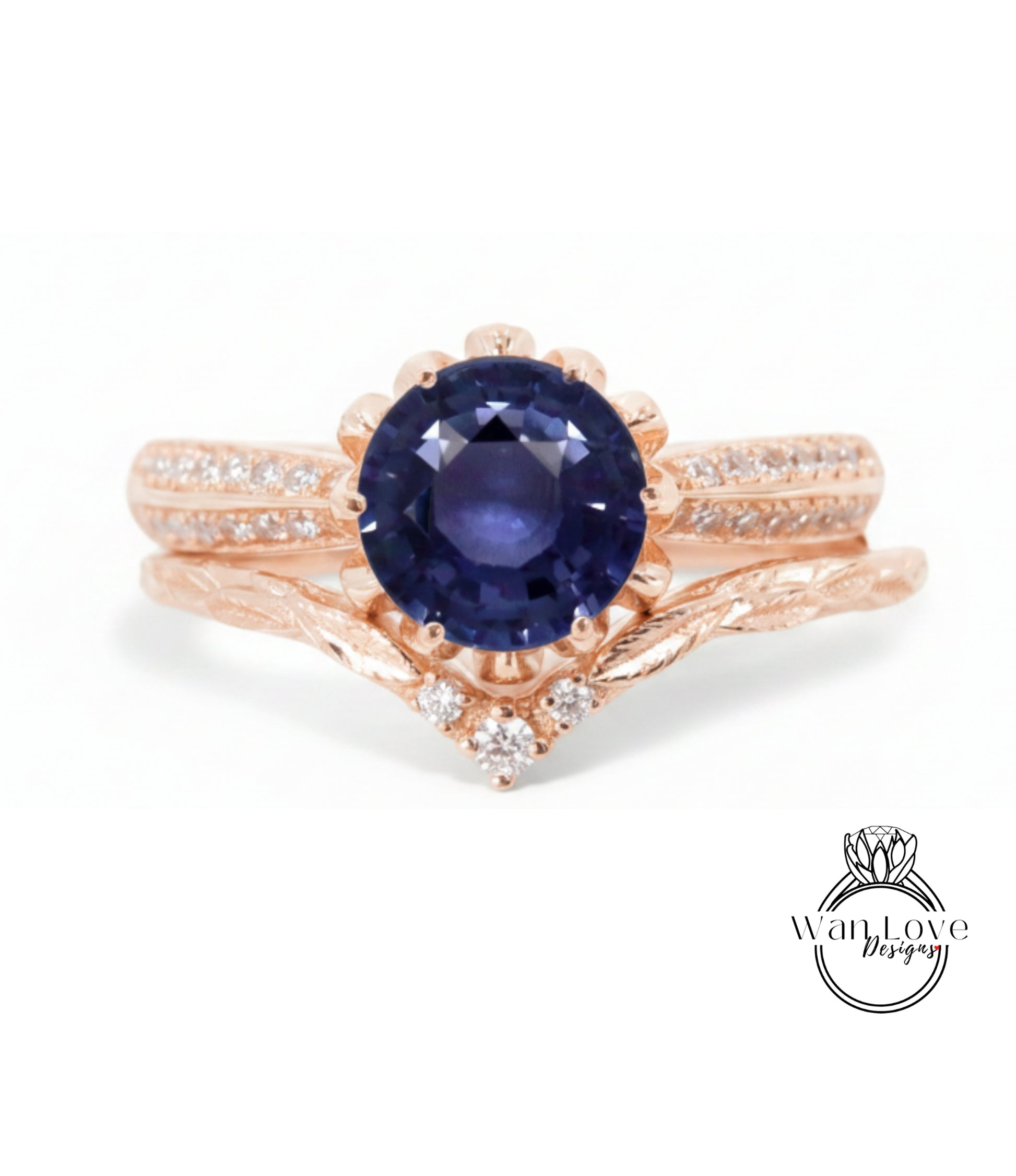 a beautiful rose gold ring with a large oval-shaped blue gemstone at the center, surrounded by smaller diamonds.