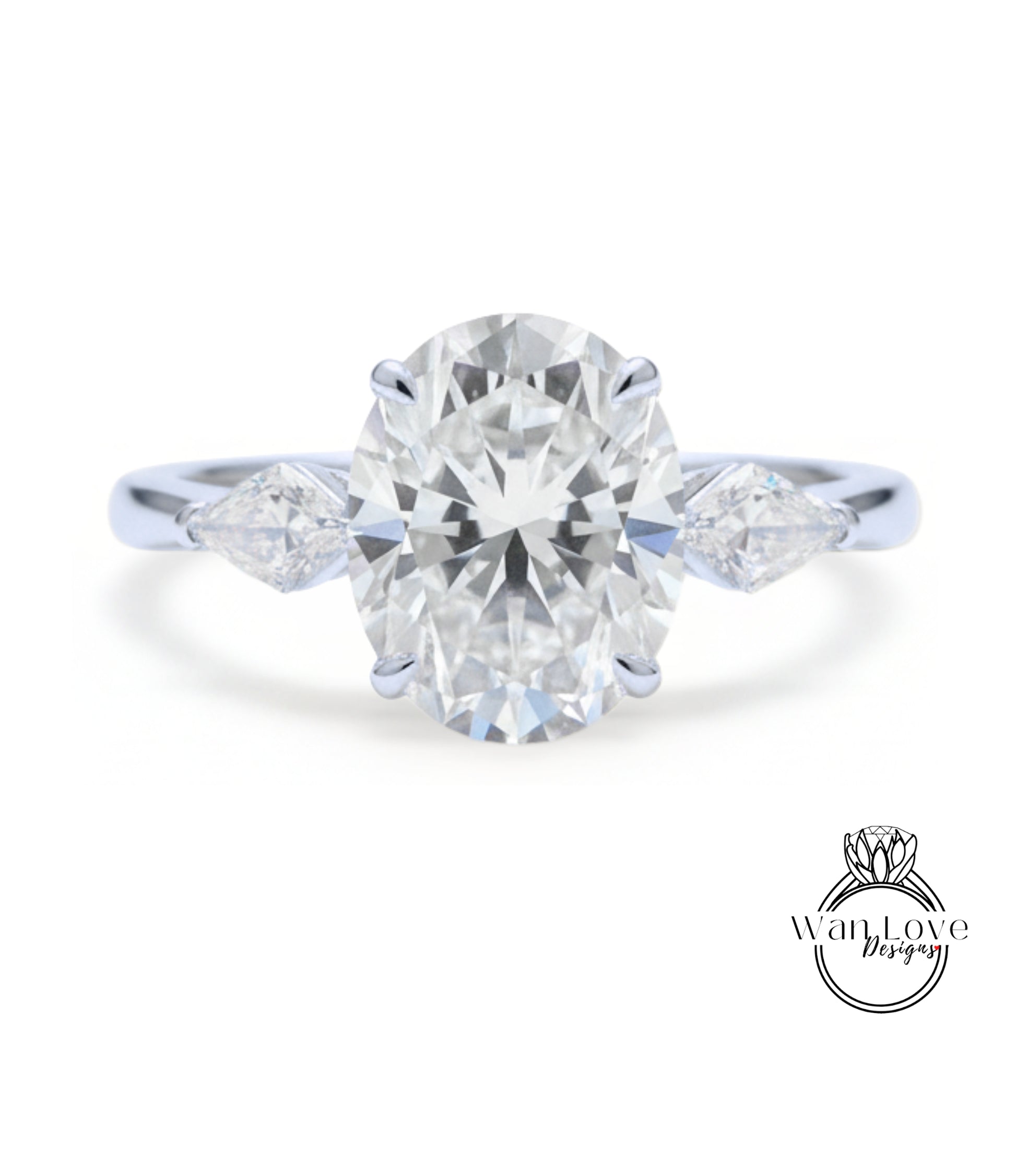 A close-up of a diamond engagement ring with a large oval-shaped diamond set in the center, surrounded by smaller diamonds on either side.