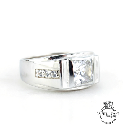 White Sapphire Mens Princess Wedding Band Jewelry Engagement Ring 2.5ct Round mans wedding commitment ring gents Promise Ring Ready to Ship