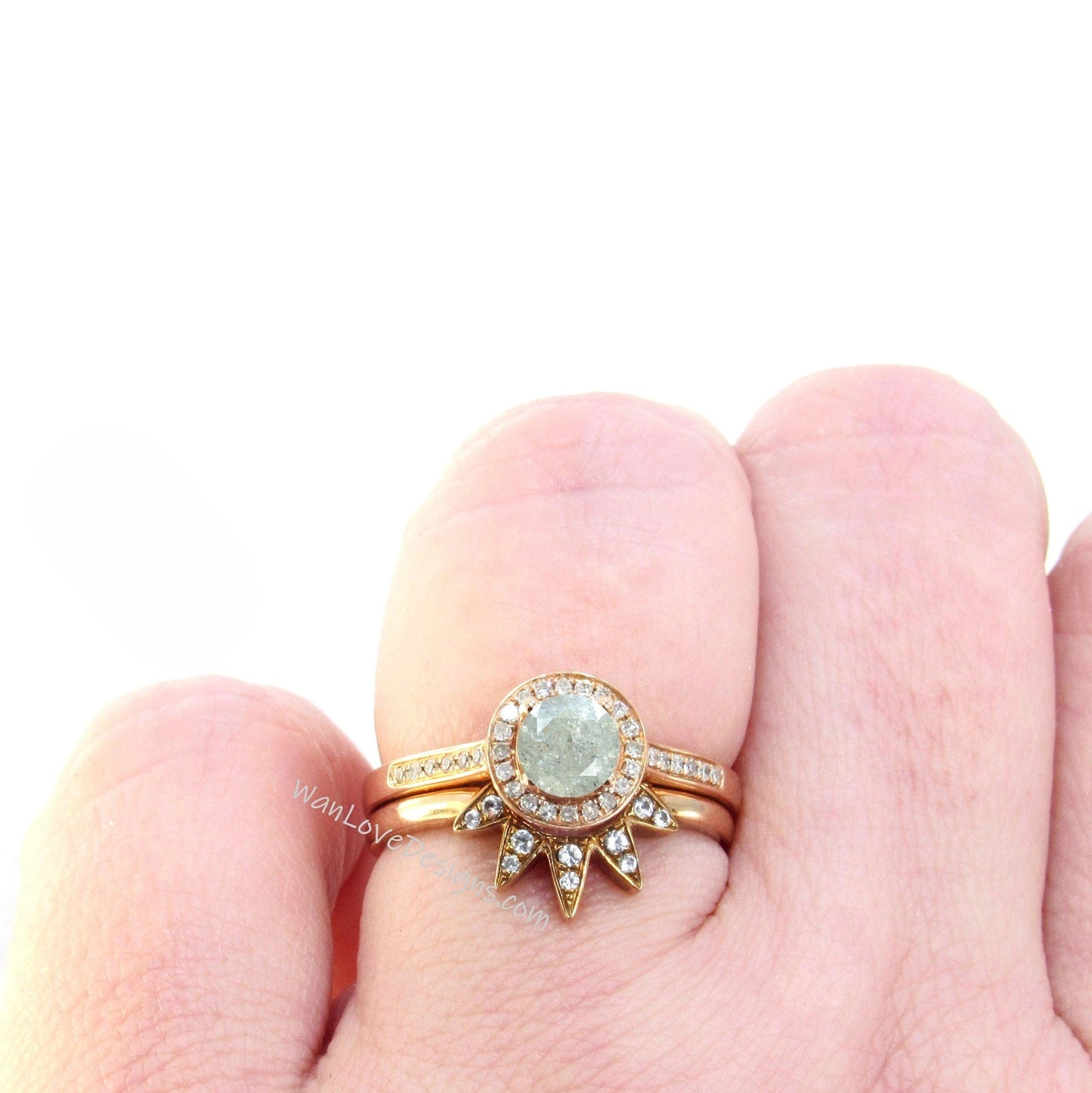 Salt & Pepper Diamond Round Halo Engagement Ring, Wedding Band set, prong Wedding round halo salt and pepper diamond solid gold bridal ring Wan Love Designs