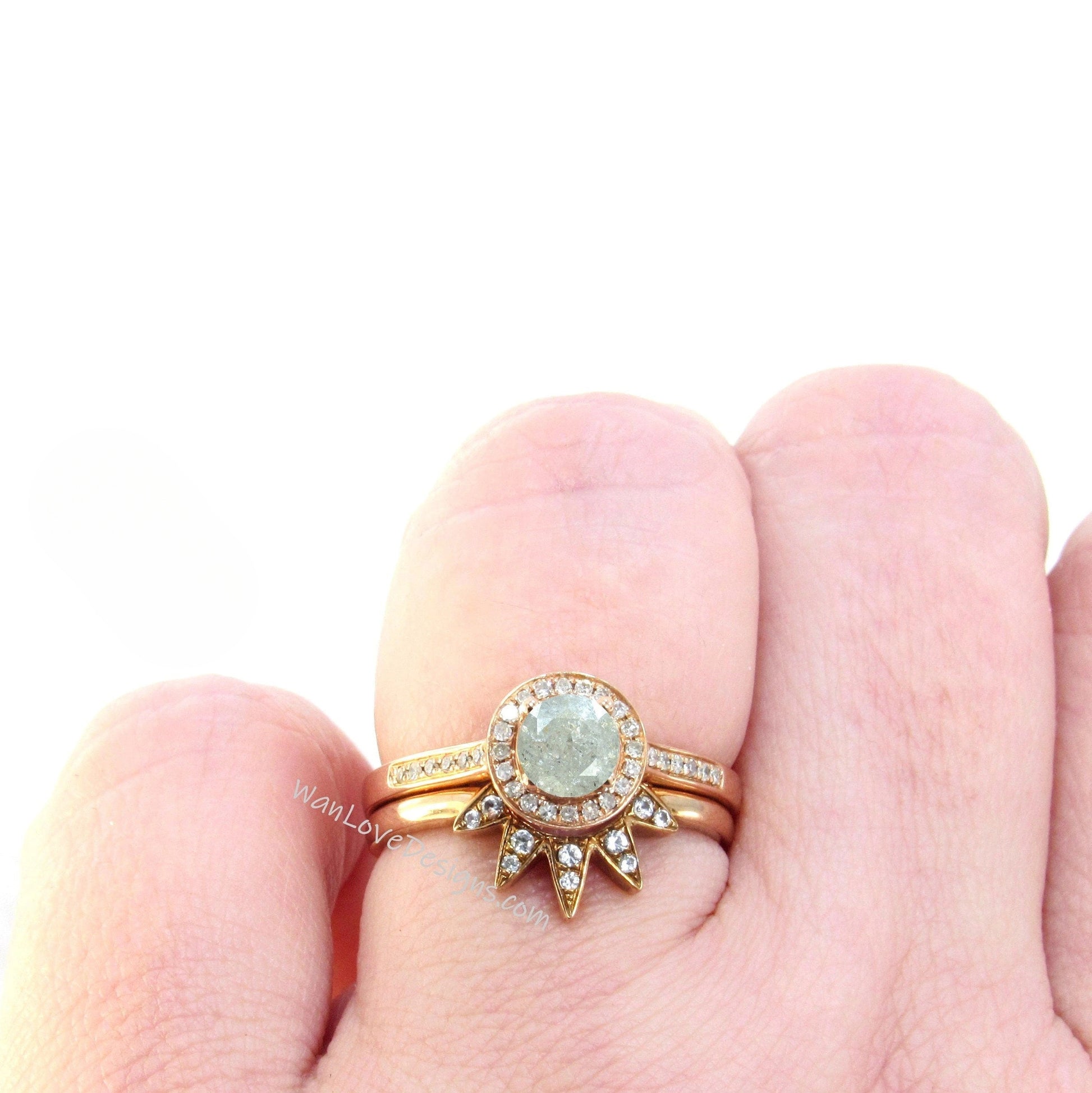 Salt & Pepper Diamond Round Halo Engagement Ring, Wedding Band set, prong Wedding round halo salt and pepper diamond solid gold bridal ring Wan Love Designs