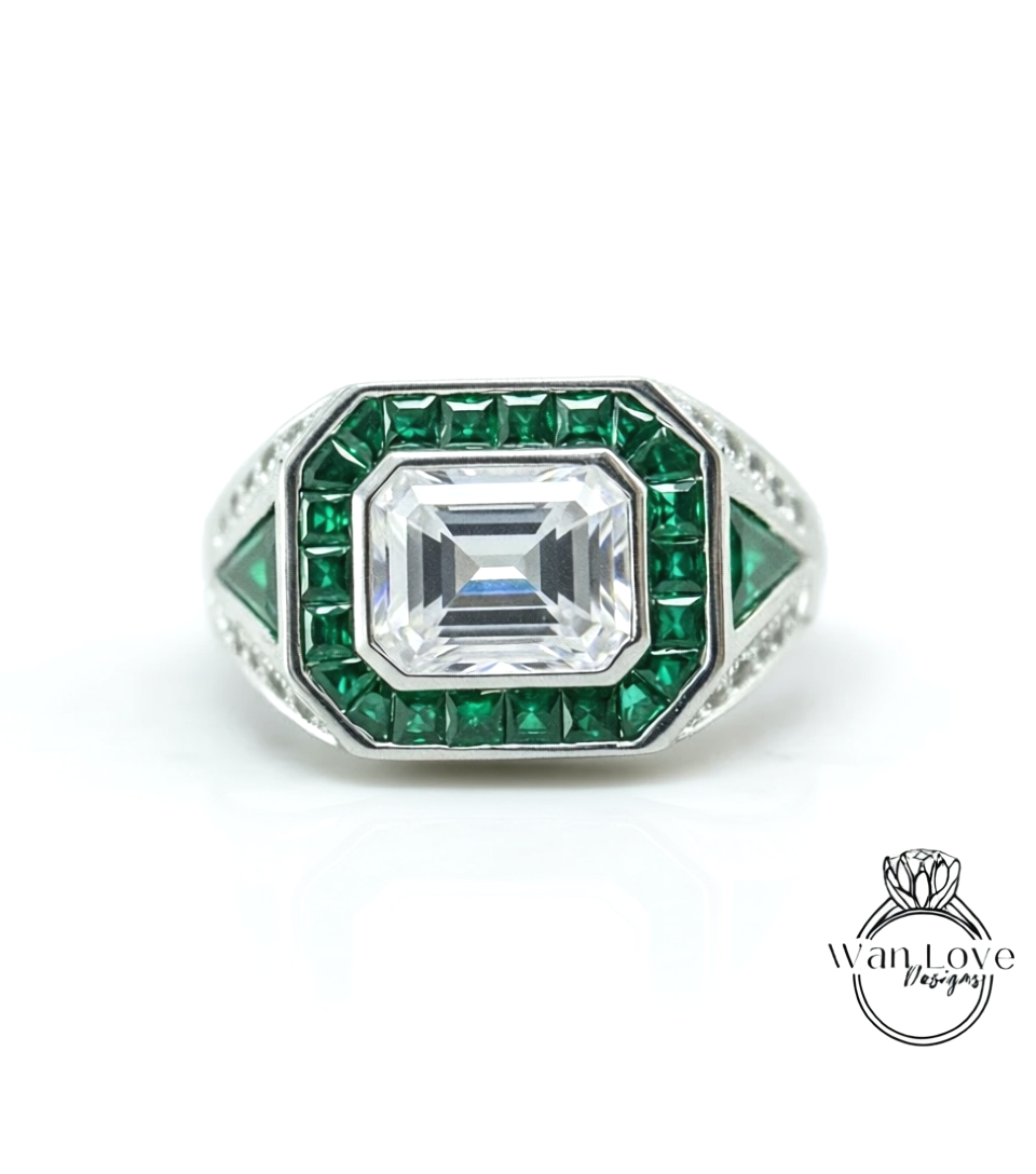 Mens Moissanite & Emerald Ring Art Deco Wedding Band Ring Bezel 3ct 9x7mm 14k 18k White Yellow Rose Gold-Platinum-Custom-Engagement