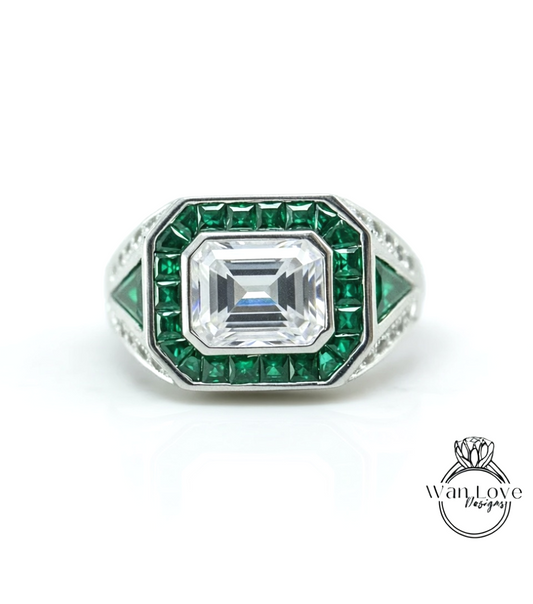 Mens Moissanite & Emerald Ring Art Deco Wedding Band Ring Bezel 3ct 9x7mm 14k 18k White Yellow Rose Gold-Platinum-Custom-Engagement