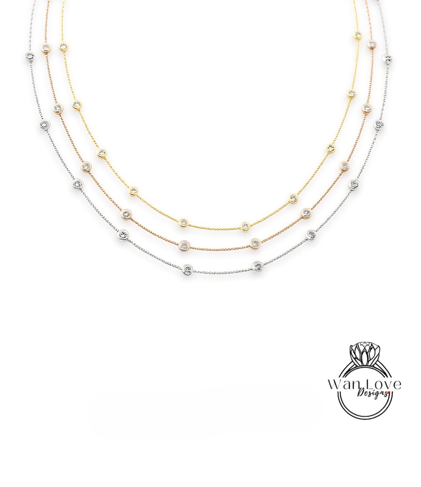 Diamond By the Yard Necklace, 10 Bezel Diamond Station Necklace / Gold Diamond Necklace, 1 Carat Birthstone Bezel Set Necklace, Bridal Wedding Jewelry, Anniversary Gift for her