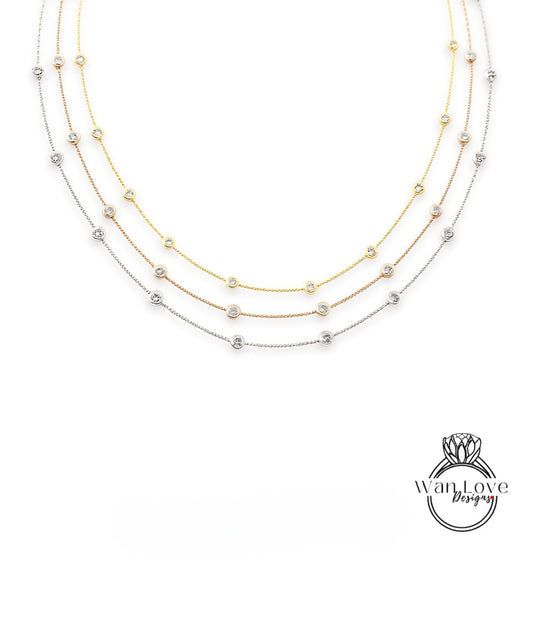 Diamond By the Yard Necklace, 10 Bezel Diamond Station Necklace / Gold Diamond Necklace, 1 Carat Birthstone Bezel Set Necklace, Bridal Wedding Jewelry, Anniversary Gift for her