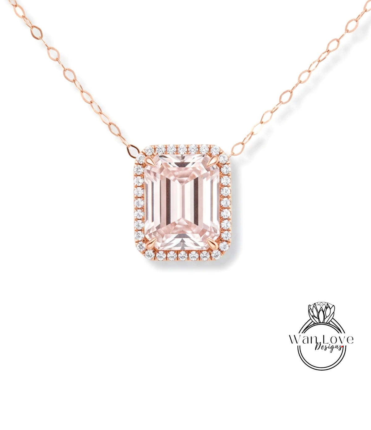 A necklace with a large, pink gemstone set in a halo of smaller diamonds.