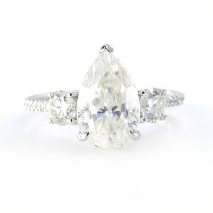 Moissanite Pear Round 3 gemstone Engagement Ring, Custom, 14k 18k White Yellow Rose Gold, Platinum, Wedding,Anniversary Gift Wan Love Designs
