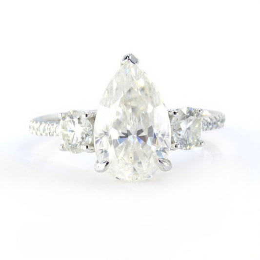 Moissanite Pear Round 3 gemstone Engagement Ring, Custom, 14k 18k White Yellow Rose Gold, Platinum, Wedding,Anniversary Gift Wan Love Designs