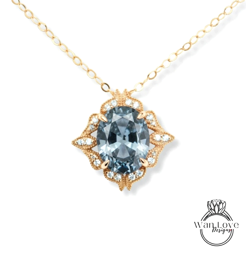 Diamond Antique Oval Cut Pendant, Milgrain Halo Pendant, Charm Pendant, Bridal Wedding jewelry Pendant, Anniversary Gift,Unique Birthstone Pendant