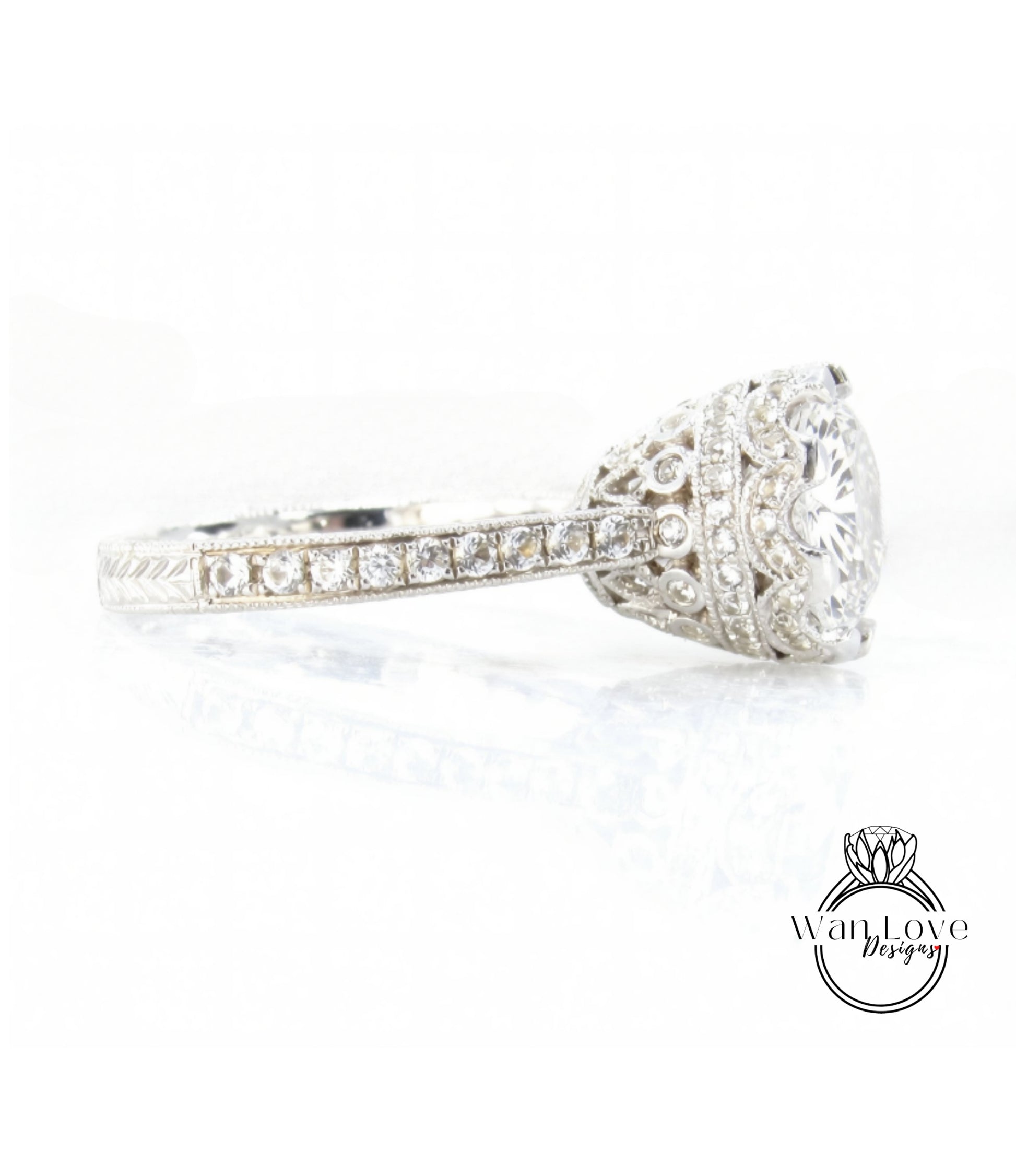 A close-up view of a diamond engagement ring with a large central diamond surrounded by smaller diamonds set in a silver band.