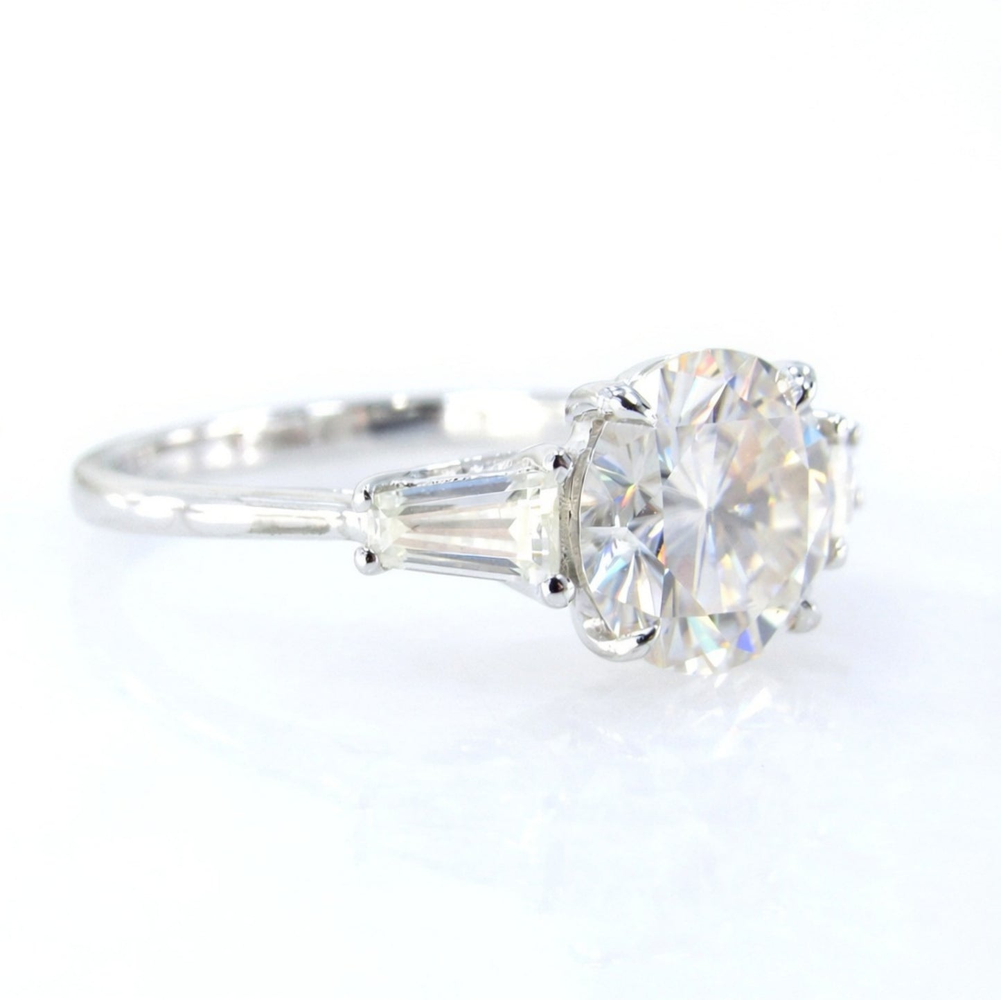 Three Stone Round Baguette Cut Moissanite Engagement Ring, Round Cut Engagement Ring, Moissanite Engagement Ring, Ready to Ship Ring Wan Love Designs