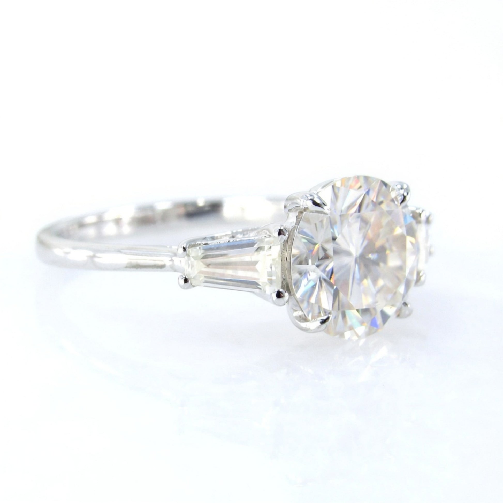 Three Stone Round Baguette Cut Moissanite Engagement Ring, Round Cut Engagement Ring, Moissanite Engagement Ring, Ready to Ship Ring Wan Love Designs