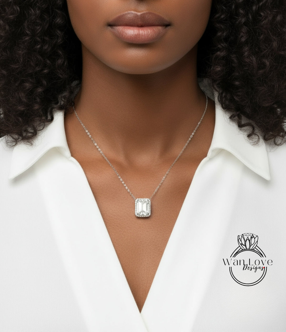 A close-up of a woman's neck and chest wearing a necklace with a large diamond pendant.