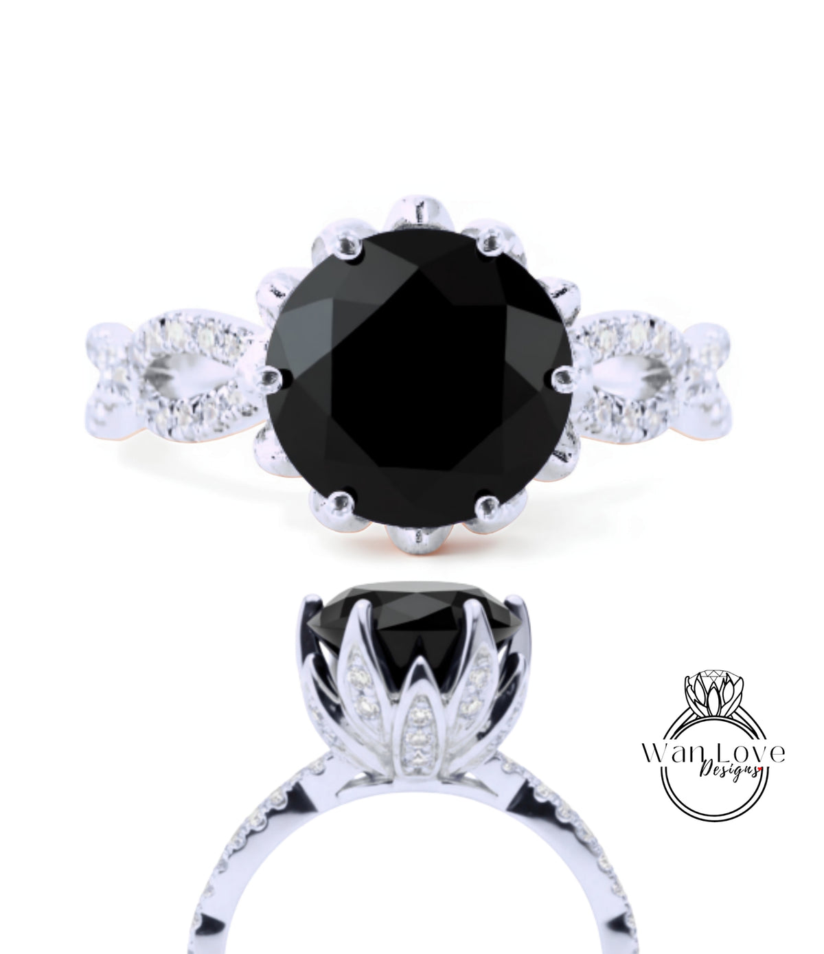 a silver ring with a large black gemstone, likely a diamond, as the centerpiece. The ring is adorned with a floral design and has a unique, elegant appearance.
