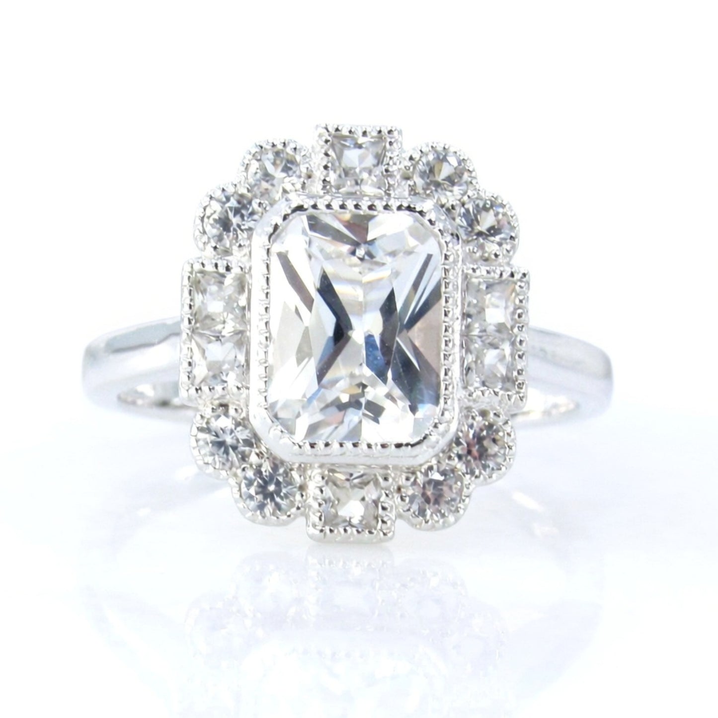 White Gold Emerald Cut White Sapphire Ring, Princess Round Cut Bezel Halo, Plain Smooth Band, Bezel Setting Center Gemstone, Ready to Ship