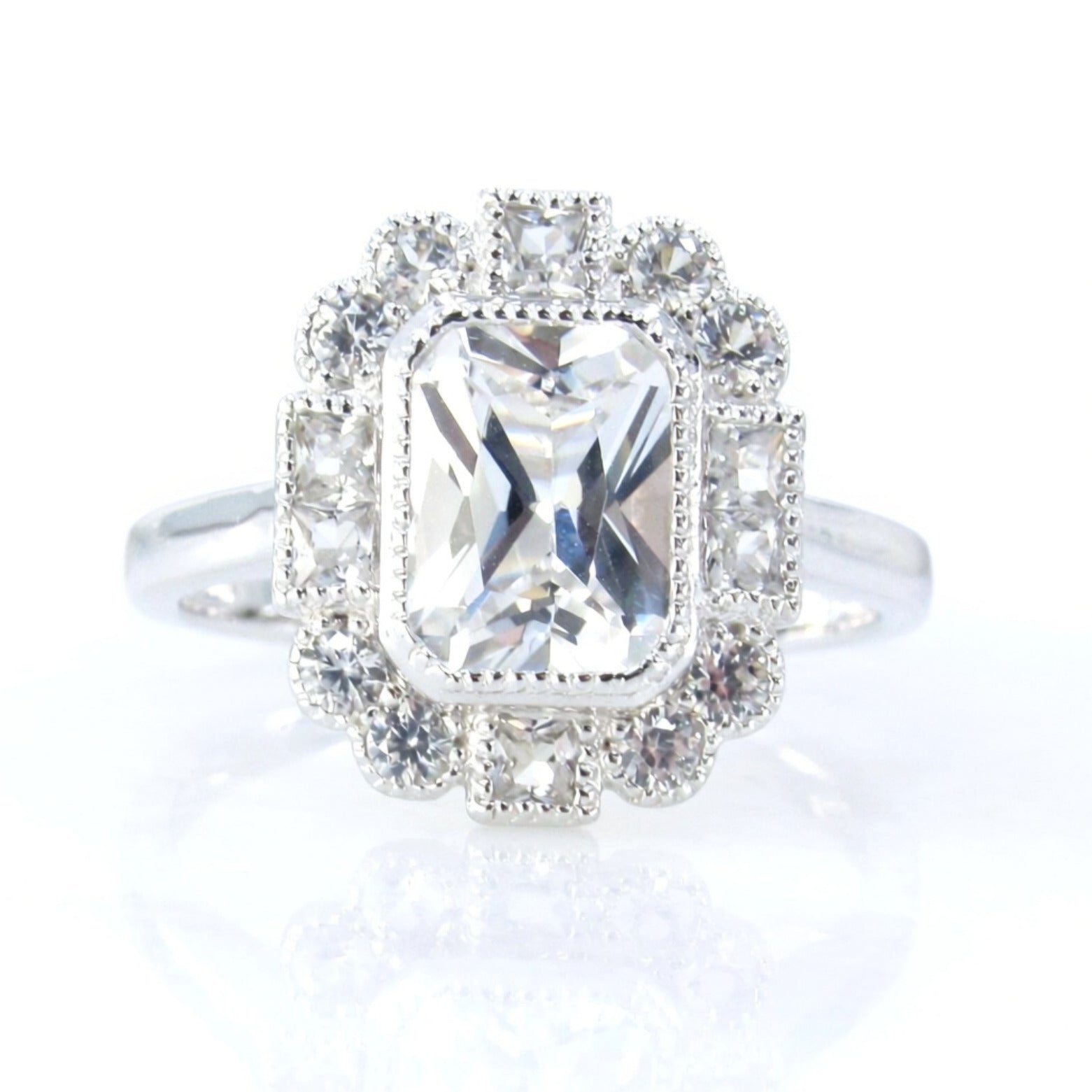 White Gold Emerald Cut White Sapphire Ring, Princess Round Cut Bezel Halo, Plain Smooth Band, Bezel Setting Center Gemstone, Ready to Ship