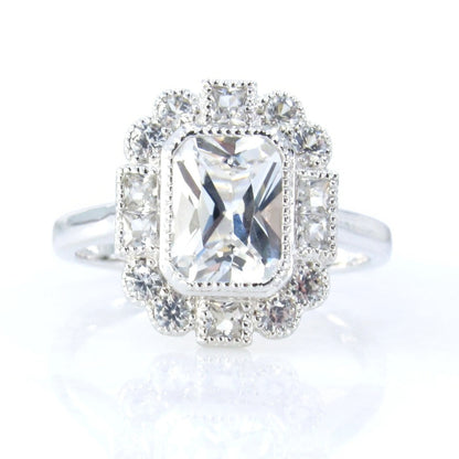 White Gold Emerald Cut White Sapphire Ring, Princess Round Cut Bezel Halo, Plain Smooth Band, Bezel Setting Center Gemstone, Ready to Ship