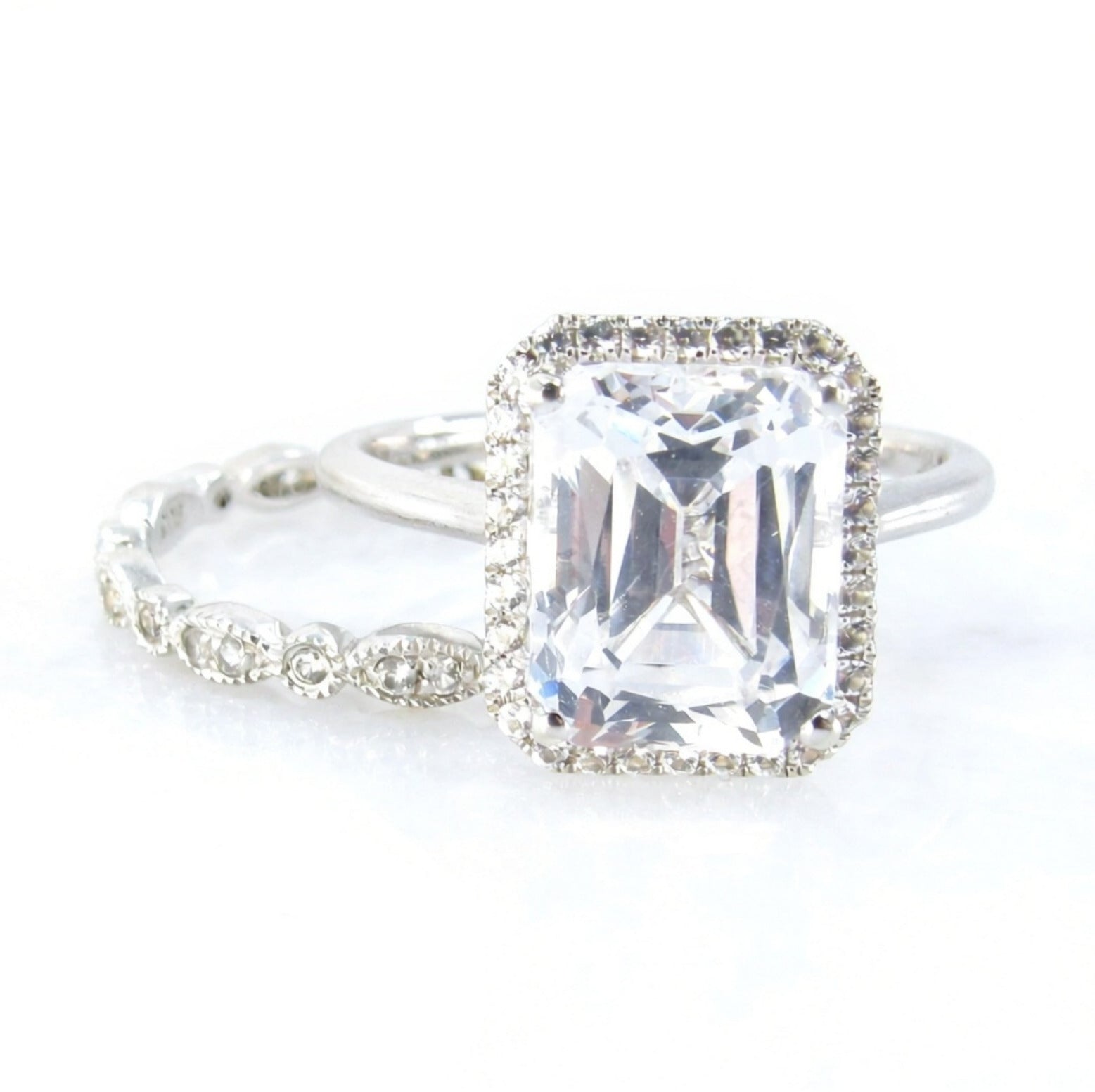 White Sapphire Emerald Halo Engagement Ring Dainty emerald cut halo vintage ring Milgrain Leaf Wedding Band Set 4ct bridal ring set-Ready