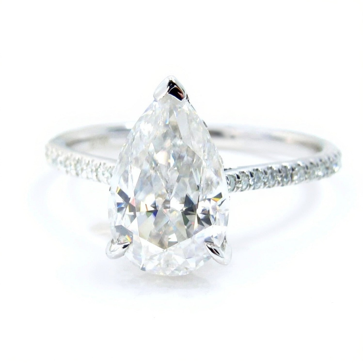 Ready to ship 3ct Moissanite Hidden Side Halo Pear Engagement Ring 14k White Gold, Almost Eternity 3/4 Band Shank, WanLoveDesigns Wan Love Designs