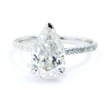 Ready to ship 3ct Moissanite Hidden Side Halo Pear Engagement Ring 14k White Gold, Almost Eternity 3/4 Band Shank, WanLoveDesigns Wan Love Designs