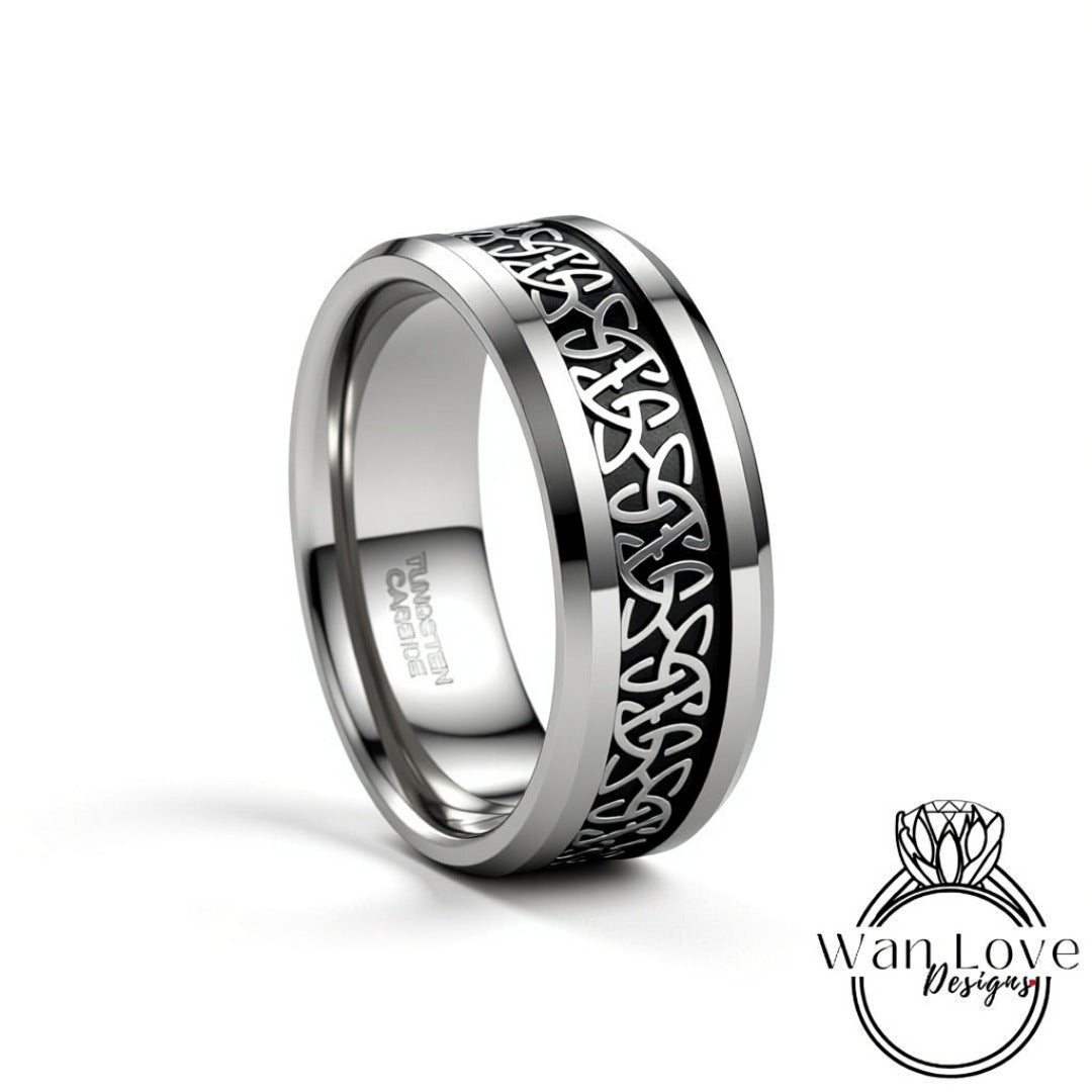 Celtic Black Tungsten Ring - Silver Black Tungsten Ring - 8mm Celtic Knot Band - Celtic Tungsten Band - Celtic Wedding Bands - Mans Band Wan Love Designs