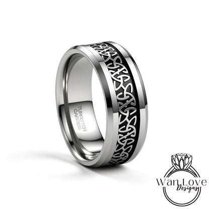 Celtic Black Tungsten Ring - Silver Black Tungsten Ring - 8mm Celtic Knot Band - Celtic Tungsten Band - Celtic Wedding Bands - Mans Band Wan Love Designs