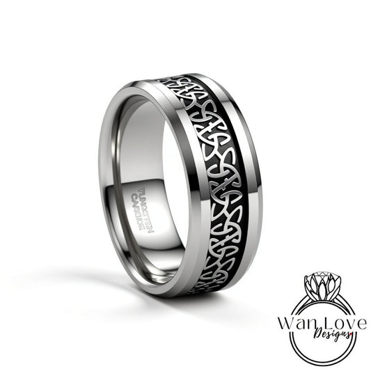 Celtic Black Tungsten Ring - Silver Black Tungsten Ring - 8mm Celtic Knot Band - Celtic Tungsten Band - Celtic Wedding Bands - Mans Band Wan Love Designs