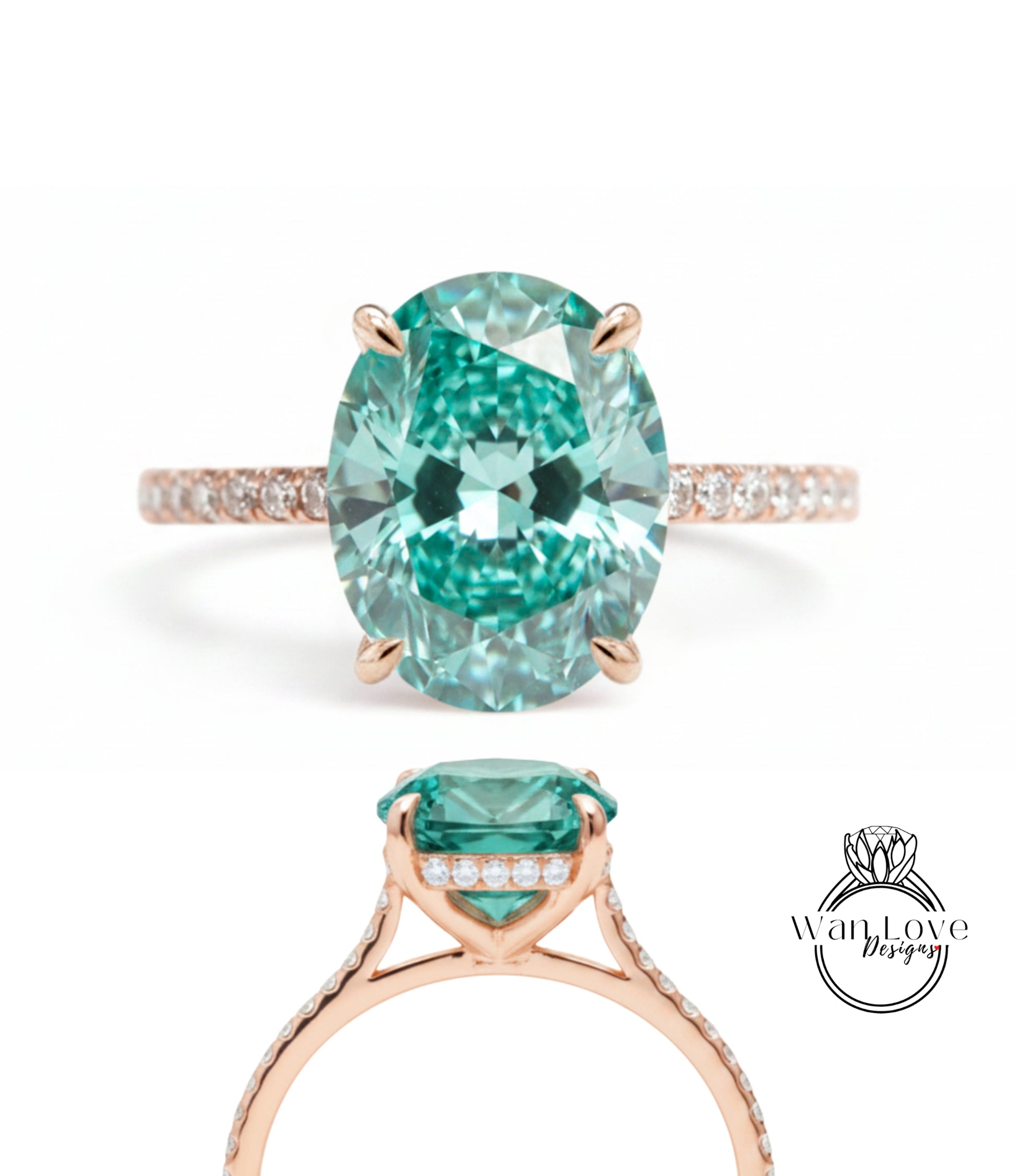 a beautiful engagement ring with a large oval-shaped gemstone set in a rose gold band. The gemstone has a vibrant green color and is surrounded by smaller diamonds, adding to its elegance and sophistication.