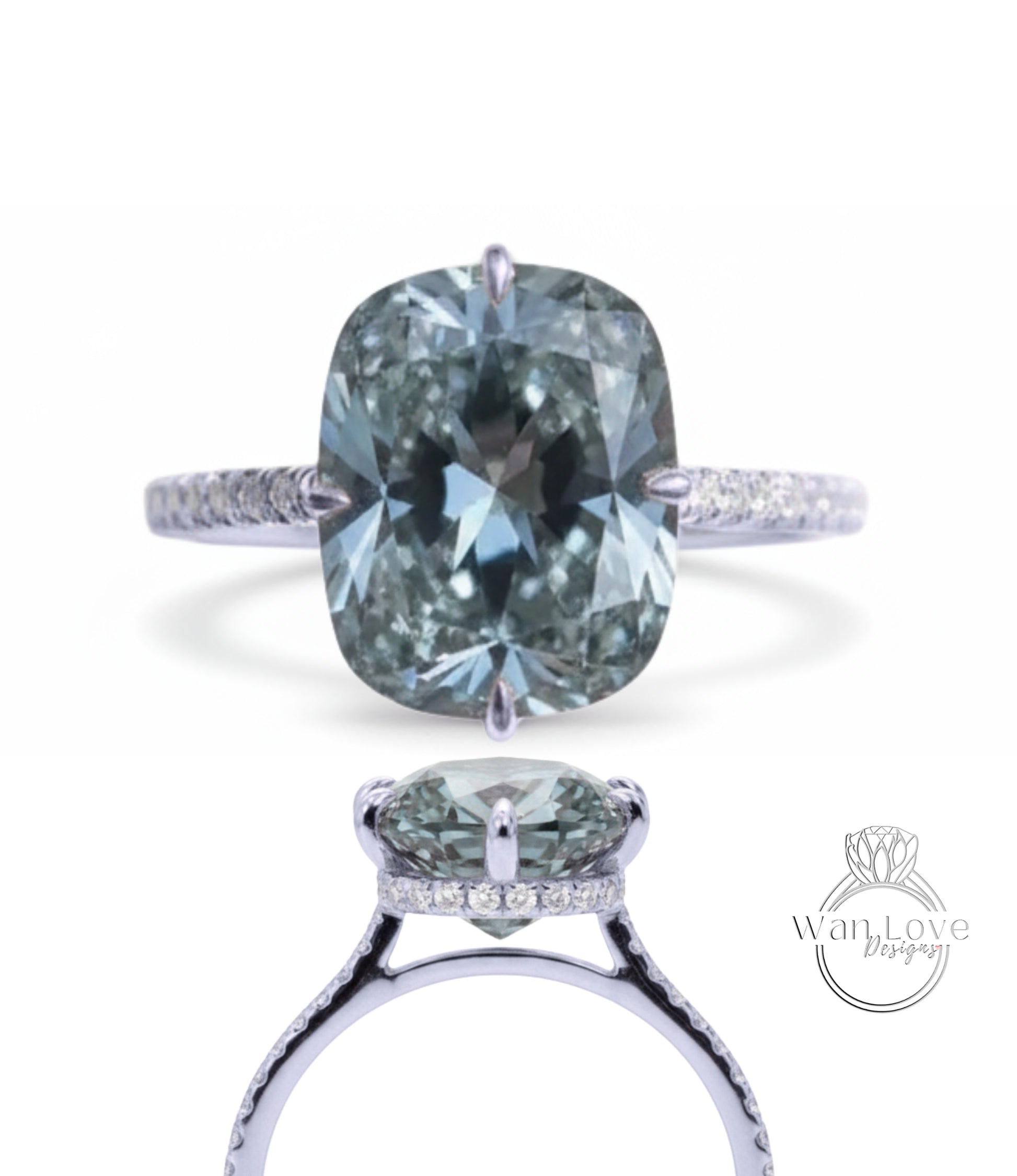 A stunning engagement ring featuring a large, light blue diamond set in a silver band with smaller diamonds.