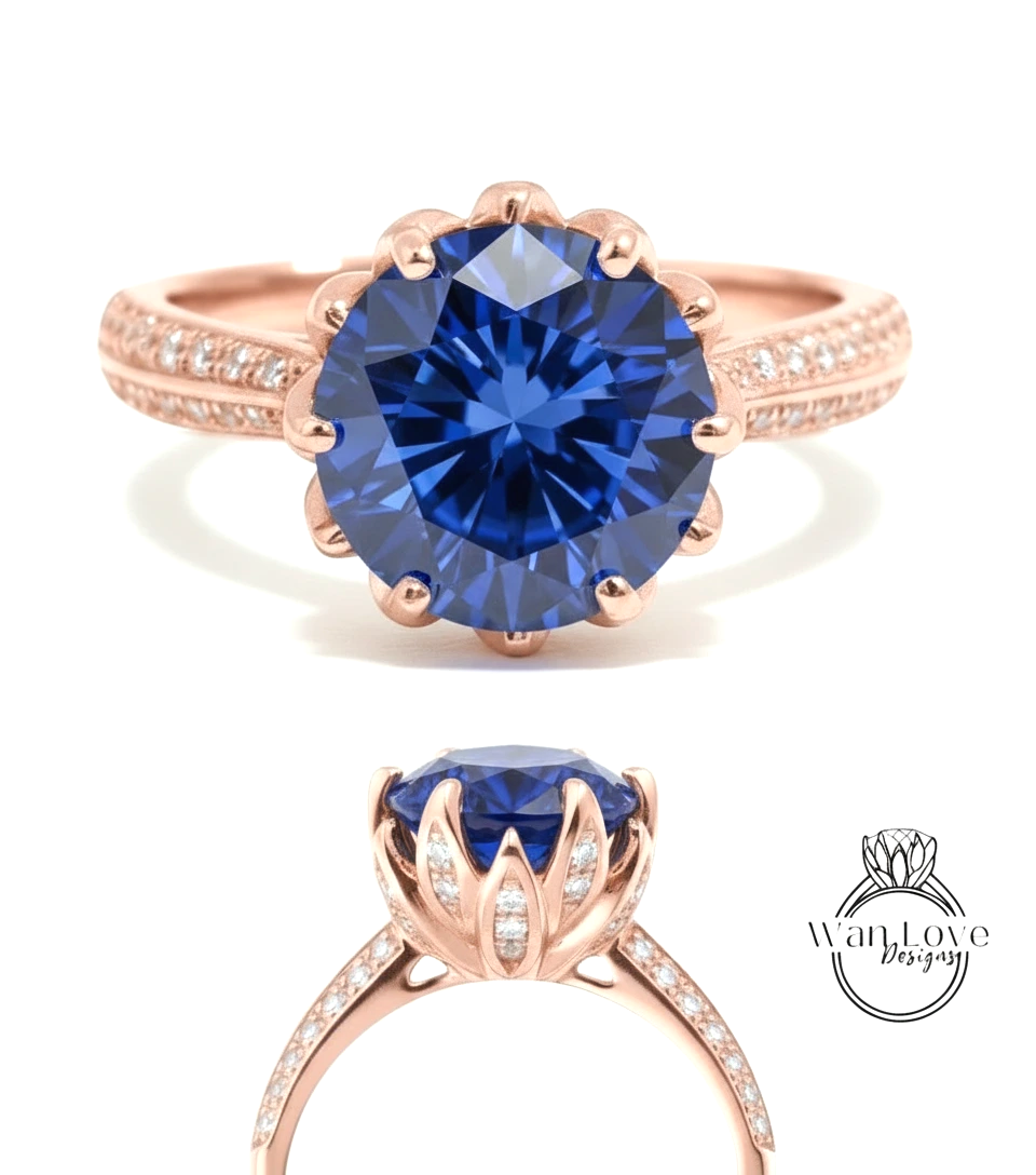 A stunning blue gemstone ring with a large central blue gemstone surrounded by smaller diamonds set in a rose gold band.