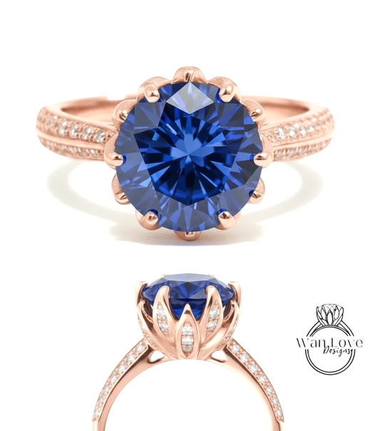 A stunning blue gemstone ring with a large central blue gemstone surrounded by smaller diamonds set in a rose gold band.