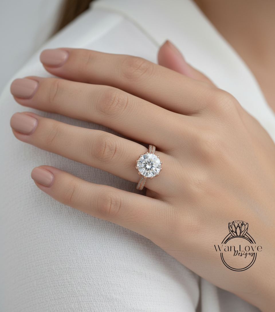 Lotus Flower White Sapphire Diamond Engagement Ring vintage Round Lotus rose gold ring unique antique ring wedding bridal promise ring gift