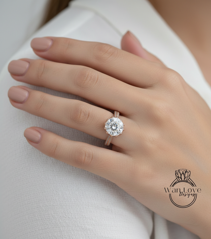 Lotus Flower White Sapphire Diamond Engagement Ring vintage Round Lotus rose gold ring unique antique ring wedding bridal promise ring gift