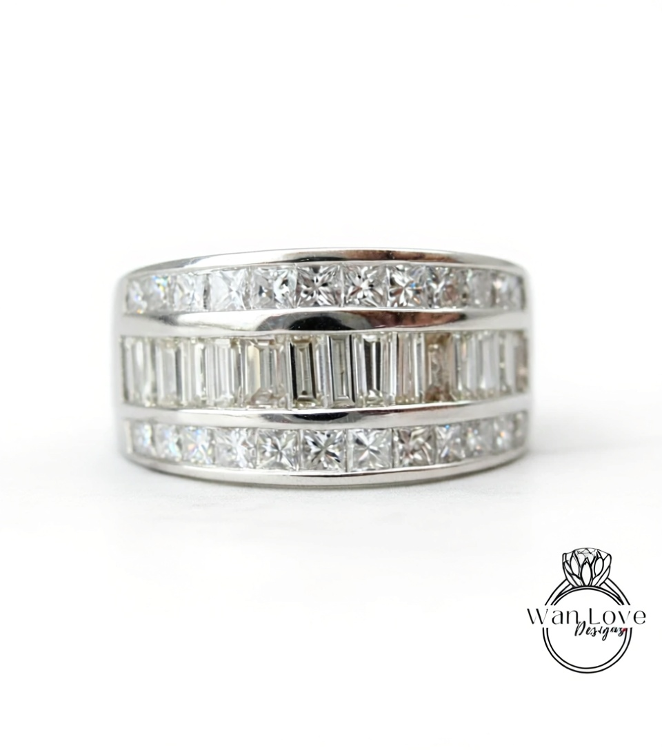 White gold Diamond men's Band vintage three row baguette princess cut wedding ring unique Birthstone ring anniversary ring solid gold band