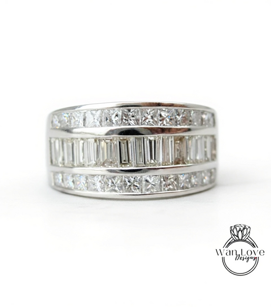 Mens Diamond Baguette Princess Cut Wedding Band, Solid Gold 10/14k/18k Wedding Ring, Mans Gold Wedding Ring, His Moissanite Wedding Band