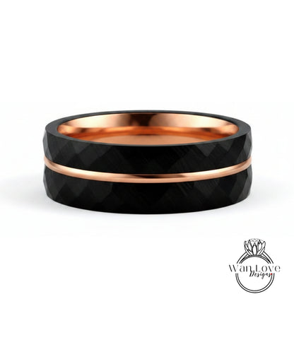 A black and copper ring with a diamond-like pattern on the surface.