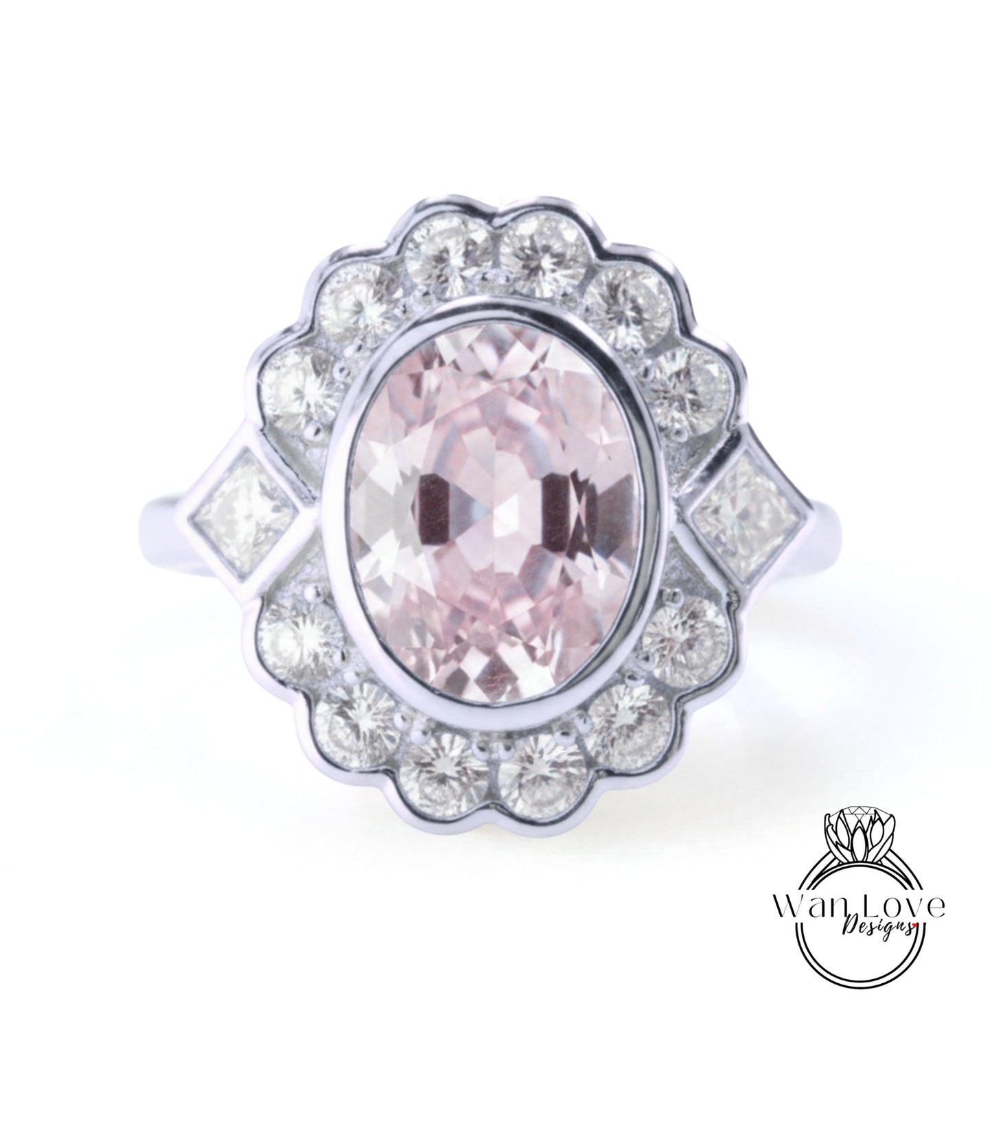 A ring with a large oval-shaped gemstone surrounded by smaller diamonds, set in a silver band.