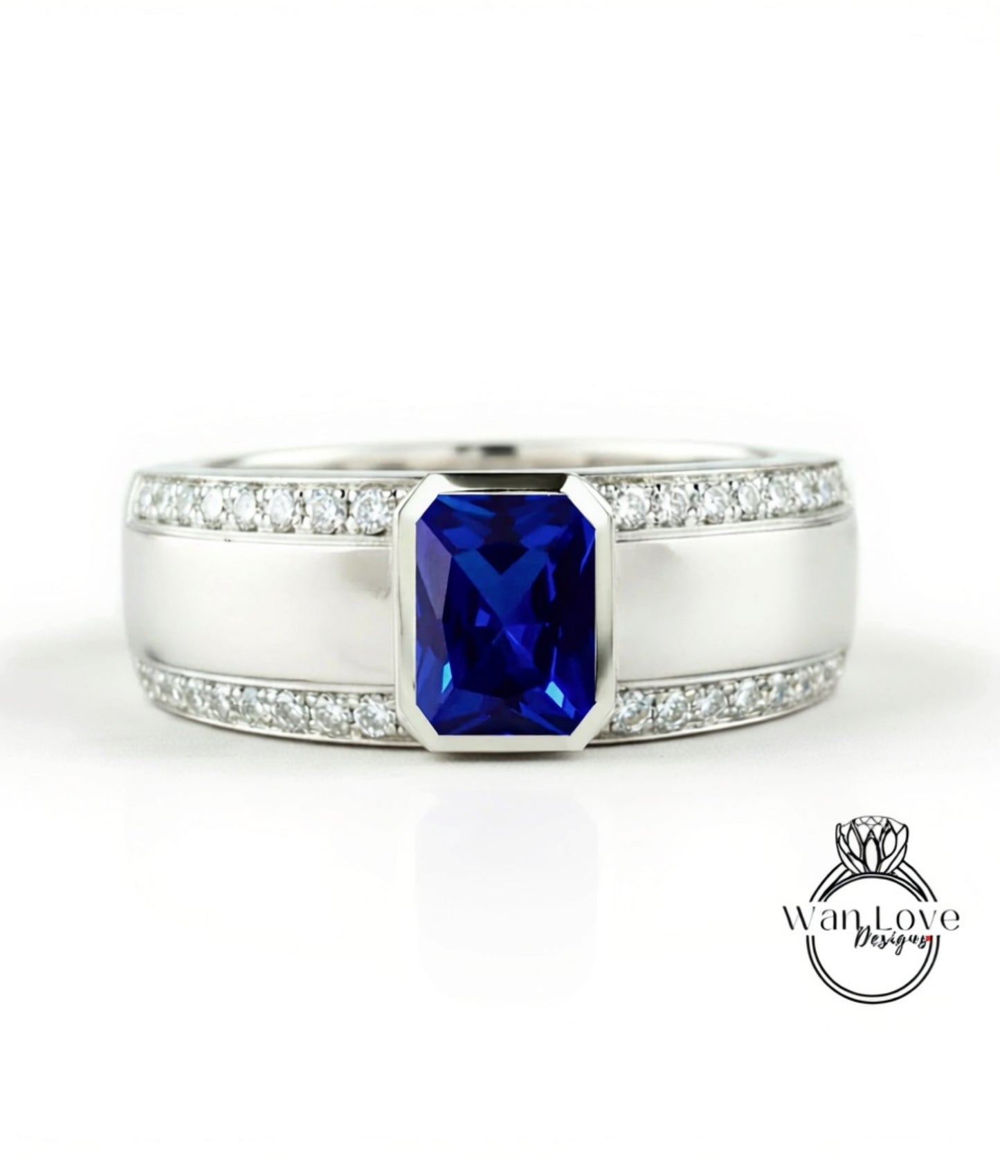 Emerald cut Sapphire and Diamond Men Ring in 14k White Gold | Blue Sapphire Ring | Mans Wedding Ring | Gifts For Him | Birthstone Mens Ring