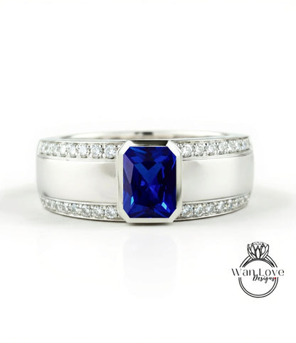 Emerald cut Sapphire and Diamond Men Ring in 14k White Gold | Blue Sapphire Ring | Mans Wedding Ring | Gifts For Him | Birthstone Mens Ring