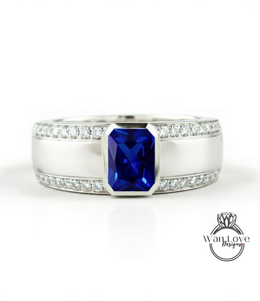 Emerald cut Sapphire and Diamond Men Ring in 14k White Gold | Blue Sapphire Ring | Mans Wedding Ring | Gifts For Him | Birthstone Mens Ring