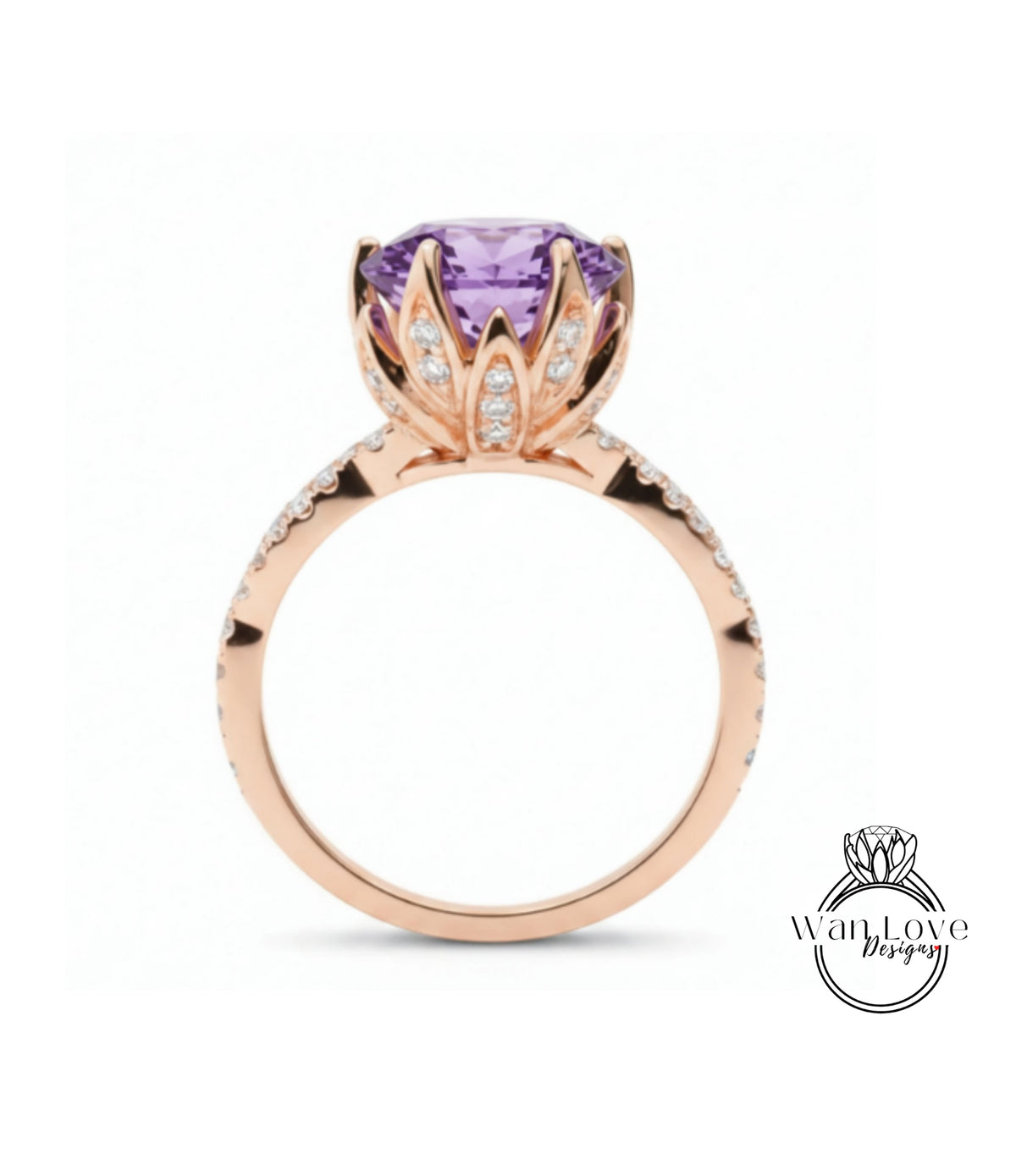 A rose gold ring with a large purple gemstone, likely a diamond, at the center.