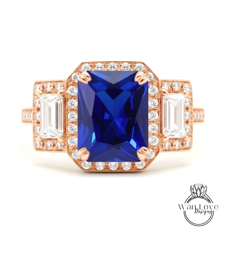 A stunning engagement ring with a large blue gemstone surrounded by smaller diamonds, set in a rose gold band.